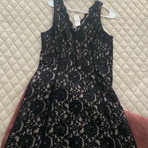 Loft Black and Nude Lace Vee Neck Dress